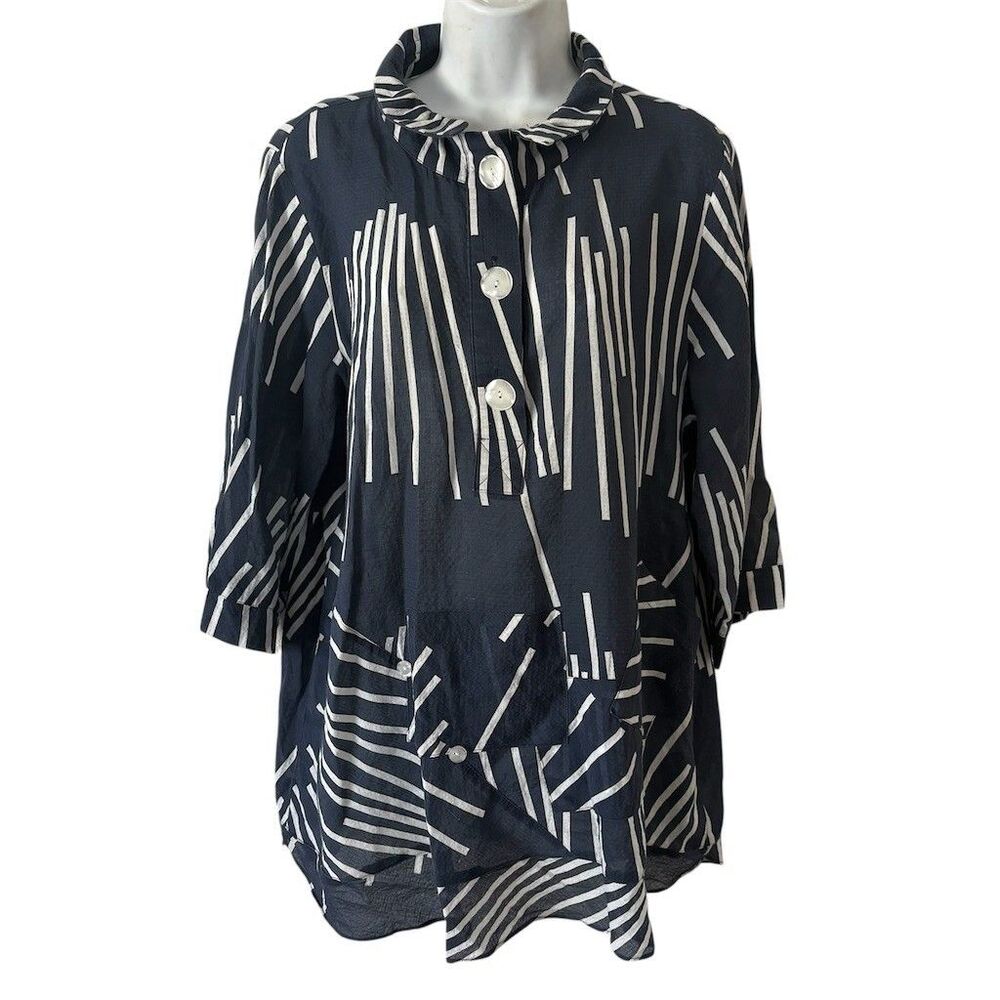 Terra SJ Apparel Tunic Blouse Womens L Navy White Geometric Stripe 3/4